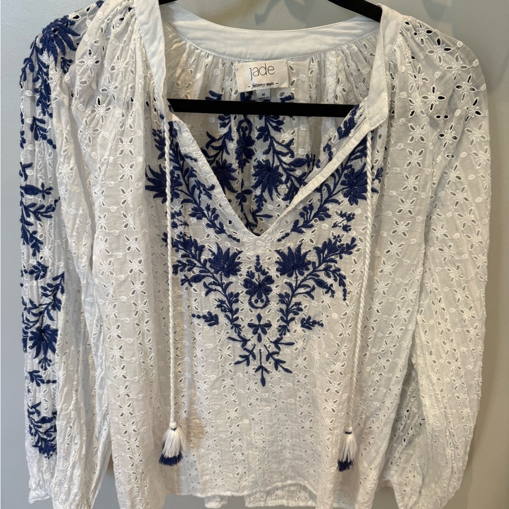 Jade White and Cream Embroidered Tie Front Blouse